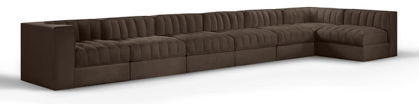 Meridian Furniture Rummi Seven Piece Modular Sectional Brown Velvet Channel Tufted Contemporary Sofa 660Brown-Sec7D