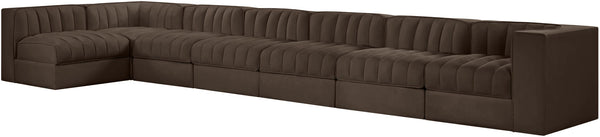 Meridian Furniture Rummi Seven Piece Modular Sectional Brown Velvet Channel Tufted Contemporary Sofa 660Brown-Sec7D