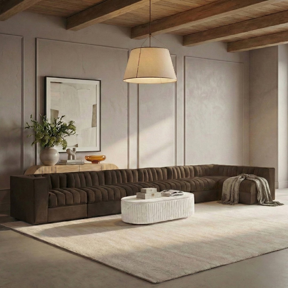Meridian Furniture Rummi Seven Piece Modular Sectional Brown Velvet Channel Tufted Contemporary Sofa 660Brown-Sec7D