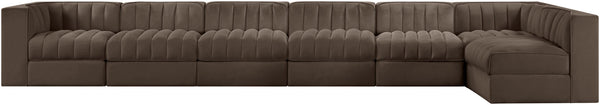Meridian Furniture Rummi Seven Piece Modular Sectional Brown Velvet Channel Tufted Contemporary Sofa 660Brown-Sec7D