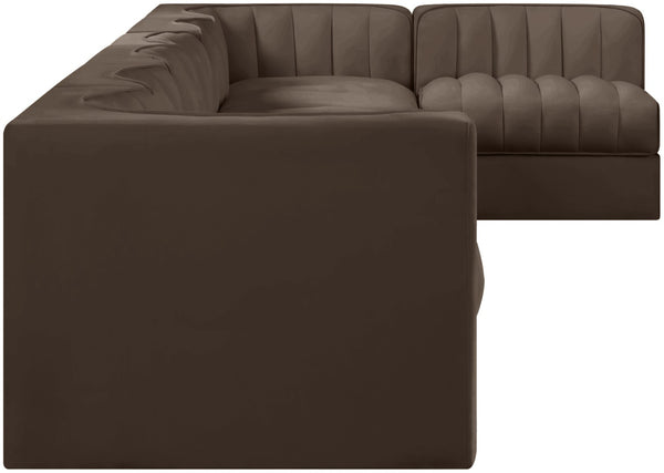Meridian Furniture Rummi Seven Piece Modular Sectional Brown Velvet Channel Tufted Contemporary Sofa 660Brown-Sec7D
