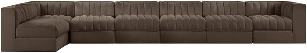 Meridian Furniture Rummi Seven Piece Modular Sectional Brown Velvet Channel Tufted Contemporary Sofa 660Brown-Sec7D