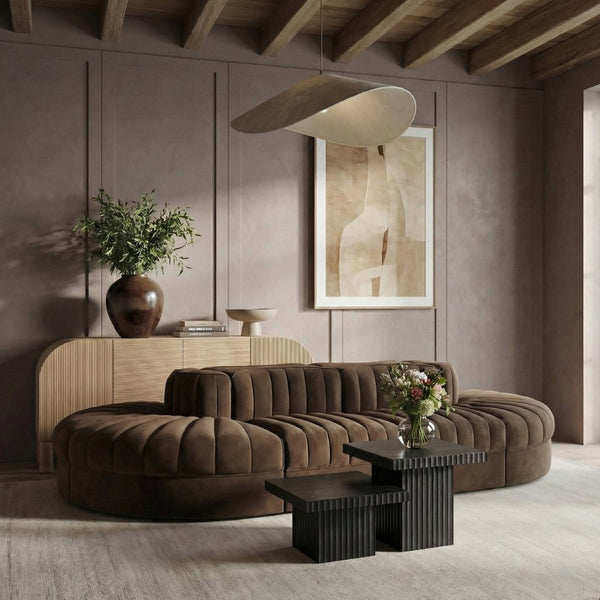 Meridian Furniture Rummi Eight Piece Modular Sectional Brown Velvet Channel Tufted Contemporary Sofa 660Brown-Sec8B
