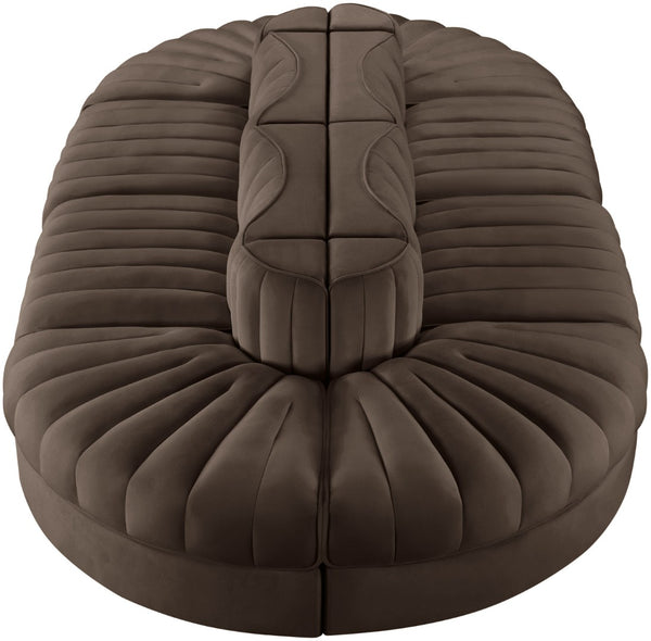 Meridian Furniture Rummi Eight Piece Modular Sectional Brown Velvet Channel Tufted Contemporary Sofa 660Brown-Sec8B