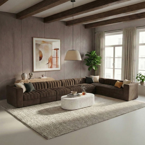 Meridian Furniture Rummi Channel Tufted Velvet Performance Fabric 8 Piece Modular Sectional Sofa 660Brown-Sec8C