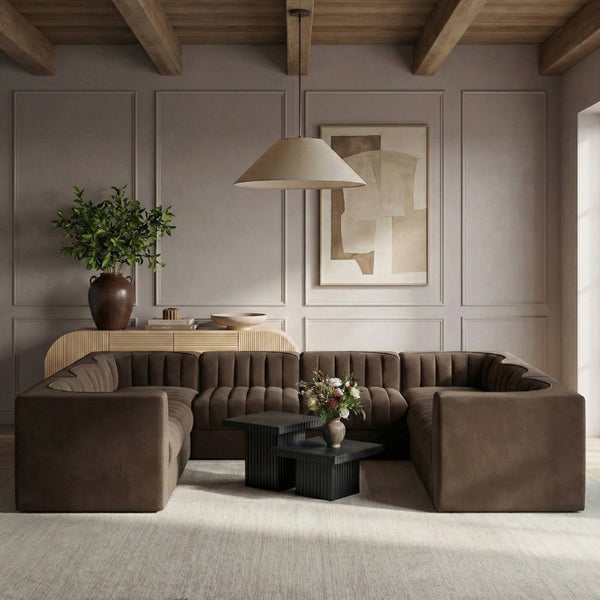 Meridian Furniture Rummi Channel Tufted Brown Velvet Modular Sectional for Open Living Spaces 660Brown-Sec8E