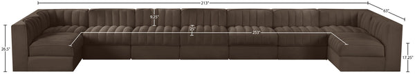 Meridian Furniture Rummi Nine Piece Modular Sectional Brown Velvet Channel Tufted Low Profile Sofa 660Brown-Sec9A
