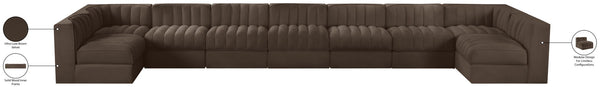 Meridian Furniture Rummi Nine Piece Modular Sectional Brown Velvet Channel Tufted Low Profile Sofa 660Brown-Sec9A