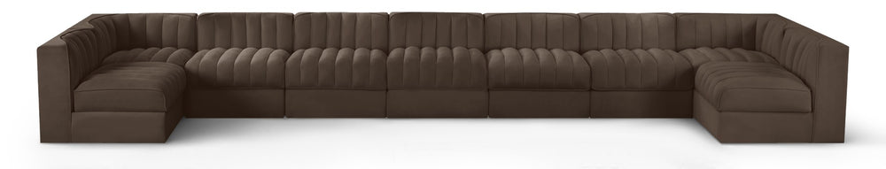 Meridian Furniture Rummi Nine Piece Modular Sectional Brown Velvet Channel Tufted Low Profile Sofa 660Brown-Sec9A