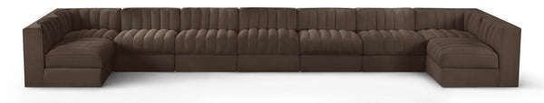 Meridian Furniture Rummi Nine Piece Modular Sectional Brown Velvet Channel Tufted Low Profile Sofa 660Brown-Sec9A