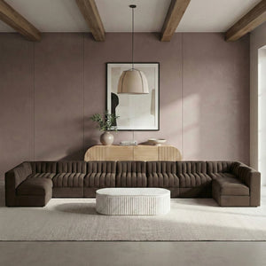 Meridian Furniture Rummi Nine Piece Modular Sectional Brown Velvet Channel Tufted Low Profile Sofa 660Brown-Sec9A