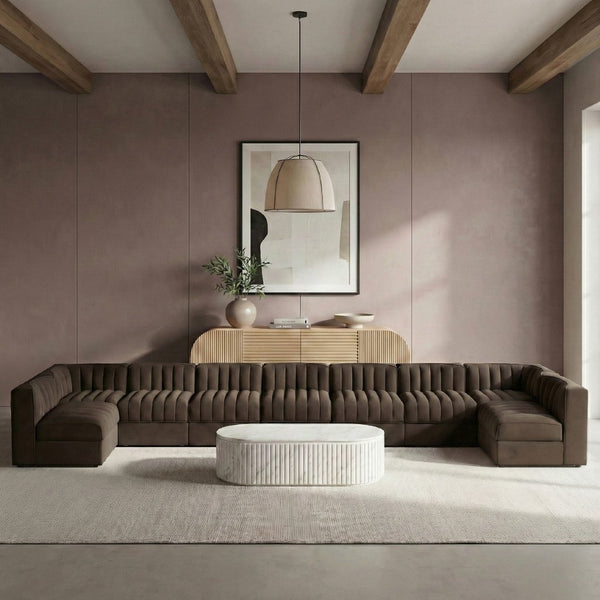 Meridian Furniture Rummi Nine Piece Modular Sectional Brown Velvet Channel Tufted Low Profile Sofa 660Brown-Sec9A