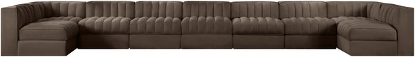 Meridian Furniture Rummi Nine Piece Modular Sectional Brown Velvet Channel Tufted Low Profile Sofa 660Brown-Sec9A