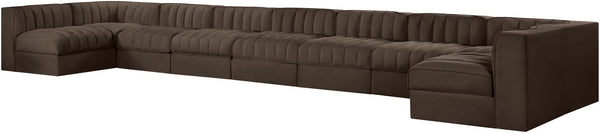 Meridian Furniture Rummi Nine Piece Modular Sectional Brown Velvet Channel Tufted Low Profile Sofa 660Brown-Sec9A