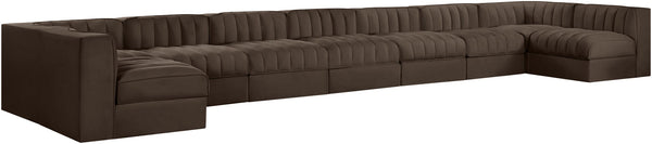 Meridian Furniture Rummi Nine Piece Modular Sectional Brown Velvet Channel Tufted Low Profile Sofa 660Brown-Sec9A