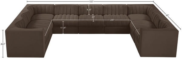 Meridian Furniture Rummi Nine Piece Modular Sectional Brown Velvet Channel Tufted Living Room Sofa 660Brown-Sec9B