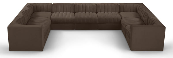 Meridian Furniture Rummi Nine Piece Modular Sectional Brown Velvet Channel Tufted Living Room Sofa 660Brown-Sec9B