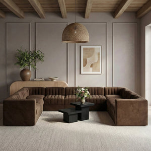 Meridian Furniture Rummi Nine Piece Modular Sectional Brown Velvet Channel Tufted Living Room Sofa 660Brown-Sec9B
