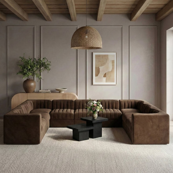 Meridian Furniture Rummi Nine Piece Modular Sectional Brown Velvet Channel Tufted Living Room Sofa 660Brown-Sec9B