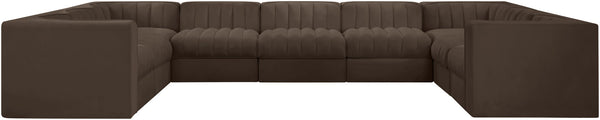 Meridian Furniture Rummi Nine Piece Modular Sectional Brown Velvet Channel Tufted Living Room Sofa 660Brown-Sec9B
