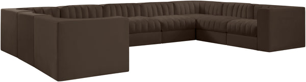 Meridian Furniture Rummi Nine Piece Modular Sectional Brown Velvet Channel Tufted Living Room Sofa 660Brown-Sec9B