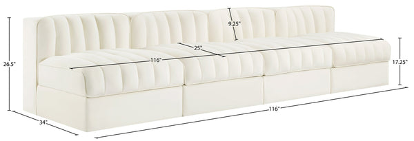 Meridian Furniture Rummi Four Piece Modular Sofa Channel Tufted Cream Velvet for Modern Living Rooms 660Cream-S116