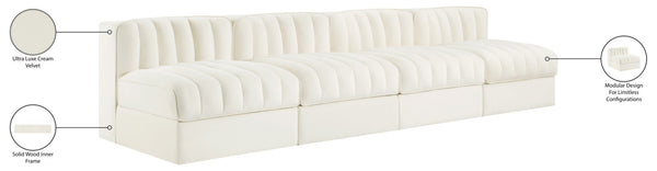 Meridian Furniture Rummi Four Piece Modular Sofa Channel Tufted Cream Velvet for Modern Living Rooms 660Cream-S116