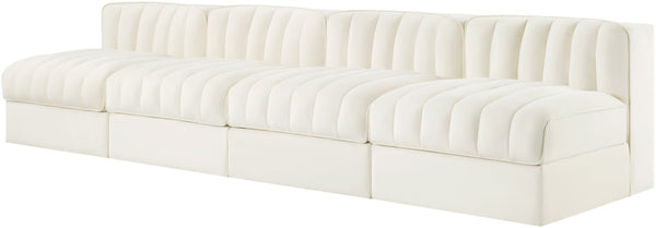 Meridian Furniture Rummi Four Piece Modular Sofa Channel Tufted Cream Velvet for Modern Living Rooms 660Cream-S116