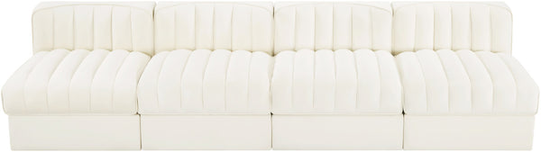 Meridian Furniture Rummi Four Piece Modular Sofa Channel Tufted Cream Velvet for Modern Living Rooms 660Cream-S116