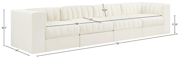 Meridian Furniture Rummi Four Piece Modular Sofa Cream Velvet Channel Tufted Low Profile Living Room 660Cream-S126
