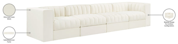 Meridian Furniture Rummi Four Piece Modular Sofa Cream Velvet Channel Tufted Low Profile Living Room 660Cream-S126