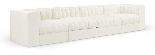 Meridian Furniture Rummi Four Piece Modular Sofa Cream Velvet Channel Tufted Low Profile Living Room 660Cream-S126