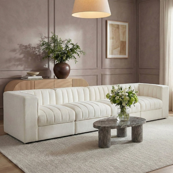 Meridian Furniture Rummi Four Piece Modular Sofa Cream Velvet Channel Tufted Low Profile Living Room 660Cream-S126