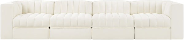 Meridian Furniture Rummi Four Piece Modular Sofa Cream Velvet Channel Tufted Low Profile Living Room 660Cream-S126