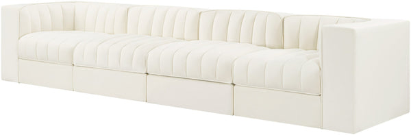 Meridian Furniture Rummi Four Piece Modular Sofa Cream Velvet Channel Tufted Low Profile Living Room 660Cream-S126