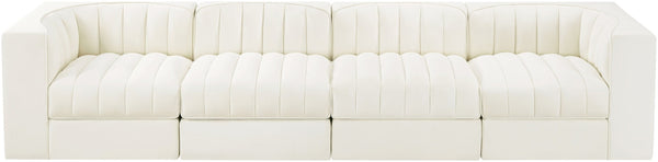 Meridian Furniture Rummi Four Piece Modular Sofa Cream Velvet Channel Tufted Low Profile Living Room 660Cream-S126