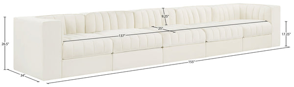 Meridian Furniture Rummi Five Piece Channel Tufted Modular Sofa in Stain Resistant Cream Velvet 660Cream-S155