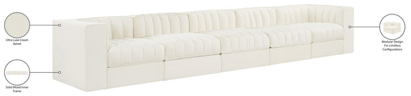 Meridian Furniture Rummi Five Piece Channel Tufted Modular Sofa in Stain Resistant Cream Velvet 660Cream-S155