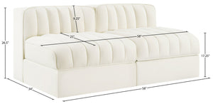 Meridian Furniture Rummi Channel Tufted Modular Loveseat in Stain Resistant Performance Velvet for Modern Living Cream 58 inches 660Cream-S58