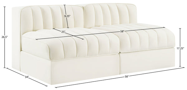 Meridian Furniture Rummi Channel Tufted Modular Loveseat in Stain Resistant Performance Velvet for Modern Living Cream 58 inches 660Cream-S58