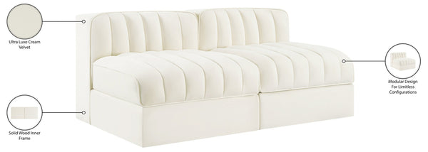 Meridian Furniture Rummi Channel Tufted Modular Loveseat in Stain Resistant Performance Velvet for Modern Living Cream 58 inches 660Cream-S58