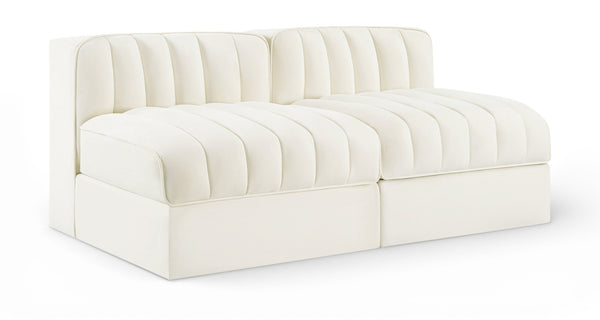 Meridian Furniture Rummi Channel Tufted Modular Loveseat in Stain Resistant Performance Velvet for Modern Living Cream 58 inches 660Cream-S58