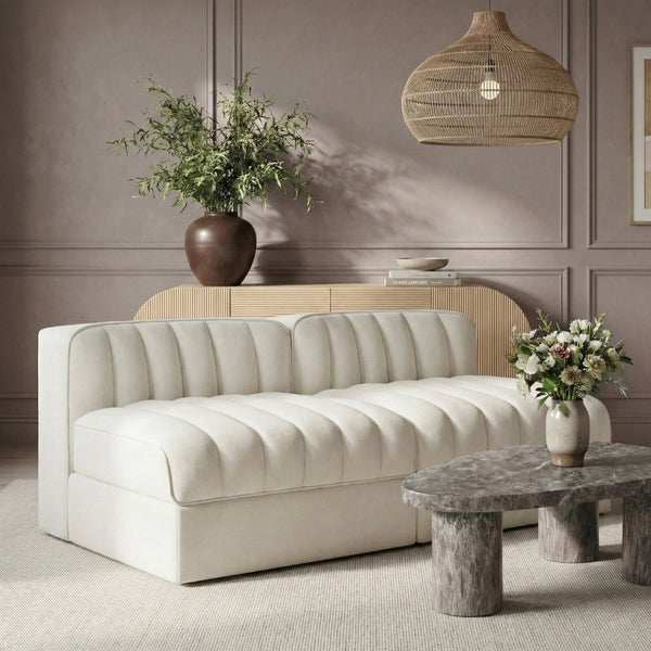 Meridian Furniture Rummi Channel Tufted Modular Loveseat in Stain Resistant Performance Velvet for Modern Living Cream 58 inches 660Cream-S58