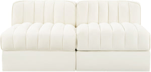Meridian Furniture Rummi Channel Tufted Modular Loveseat in Stain Resistant Performance Velvet for Modern Living Cream 58 inches 660Cream-S58
