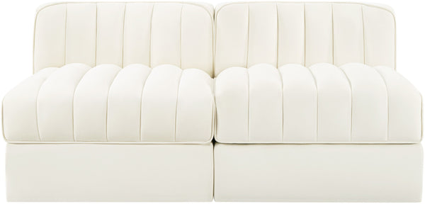 Meridian Furniture Rummi Channel Tufted Modular Loveseat in Stain Resistant Performance Velvet for Modern Living Cream 58 inches 660Cream-S58