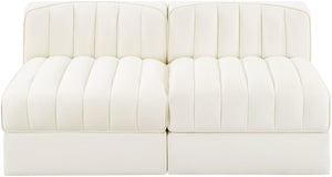 Meridian Furniture Rummi Channel Tufted Modular Loveseat in Stain Resistant Performance Velvet for Modern Living Cream 58 inches 660Cream-S58