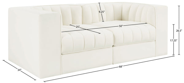 Meridian Furniture Rummi Channel Tufted Modular Loveseat in Stain Resistant Performance Velvet for Modern Living Cream 68 inches 660Cream-S68