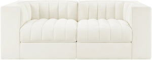 Meridian Furniture Rummi Channel Tufted Modular Loveseat in Stain Resistant Performance Velvet for Modern Living Cream 68 inches 660Cream-S68