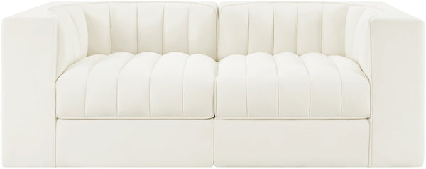 Meridian Furniture Rummi Channel Tufted Modular Loveseat in Stain Resistant Performance Velvet for Modern Living Cream 68 inches 660Cream-S68