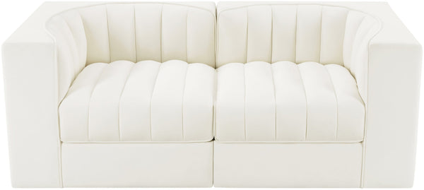 Meridian Furniture Rummi Channel Tufted Modular Loveseat in Stain Resistant Performance Velvet for Modern Living Cream 68 inches 660Cream-S68